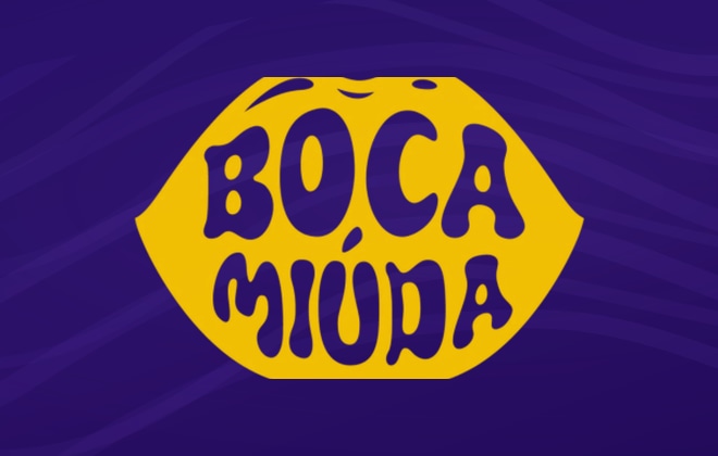 Logo Boca Miuda sobre fundo roxo
